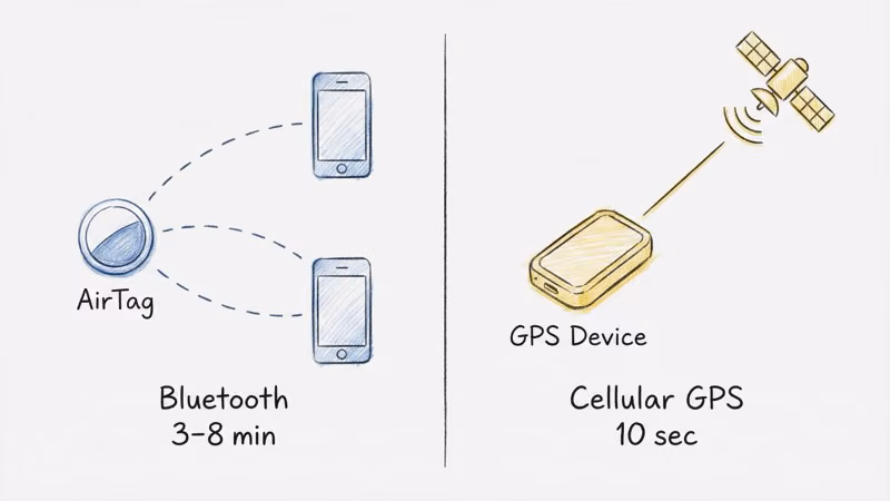 Bluetooth crowd-sourced tracker versus cellular GPS tracker comparison diagram