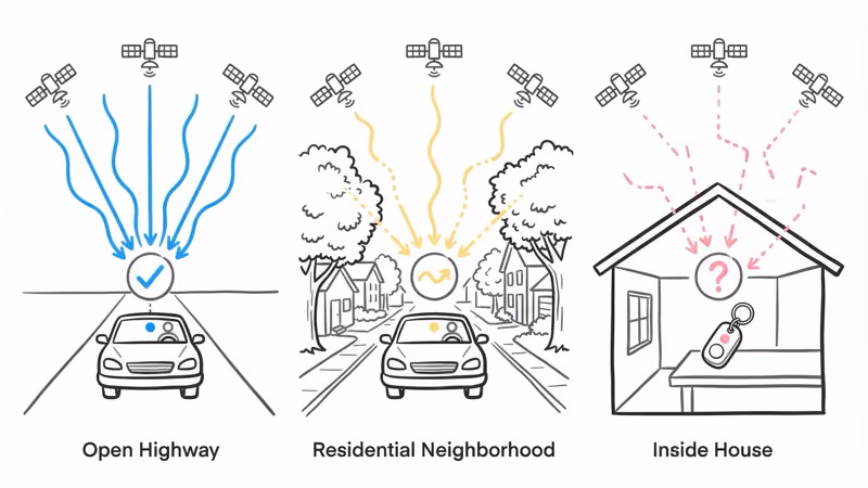Family1st GPS tracker accuracy results across highway, residential, indoor, and stationary environments