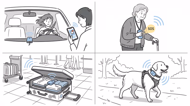 Family1st GPS tracker use cases including vehicle tracking, elderly monitoring, pet collar, and luggage
