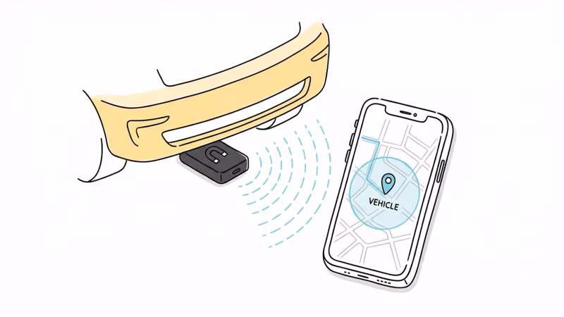 GPS tracker with magnetic mount under car showing phone location map