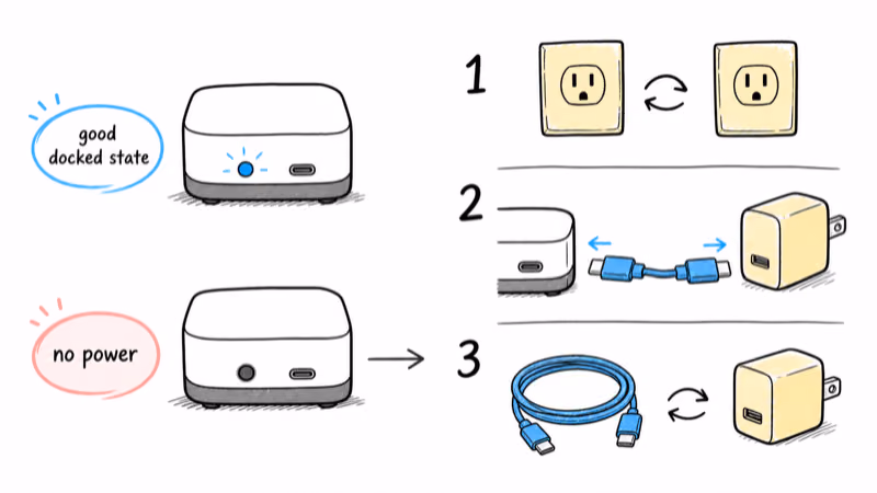A blue Fi Base light means power, a dark light means no power, with a three-step outlet and cable test