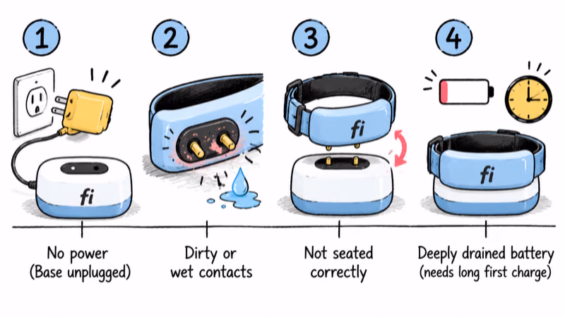 Four common Fi collar charging blockers: no Base power, dirty contacts, bad seating, and a deeply drained battery