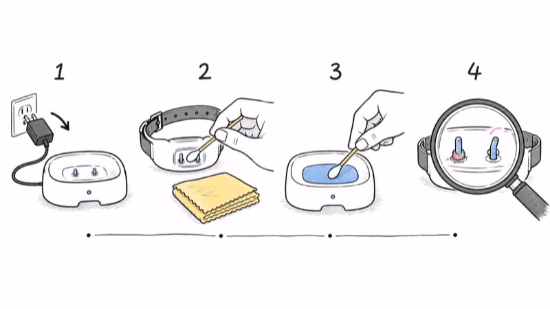 Four steps to clean Fi charging contacts: unplug Base, wipe collar pins, clean the pad, inspect for corrosion