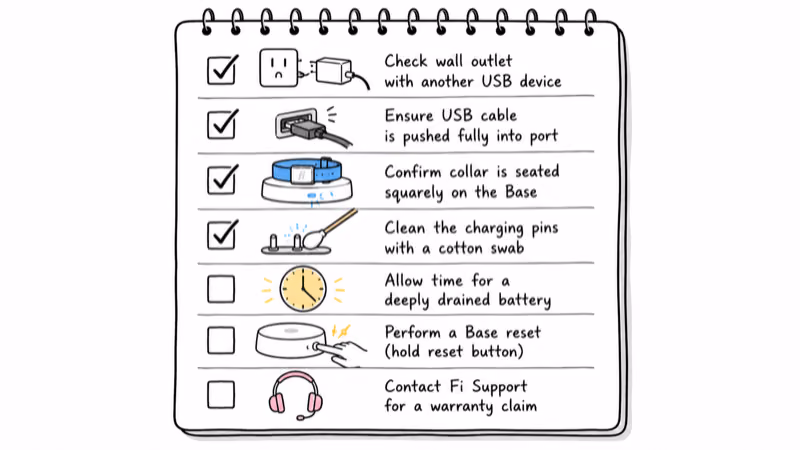 Ordered seven-step Fi charging checklist from confirming Base power through cleaning contacts to contacting support