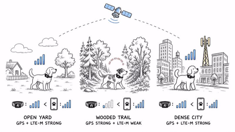 Comparison of Fi collar signal in an open yard, wooded trail, and dense city block