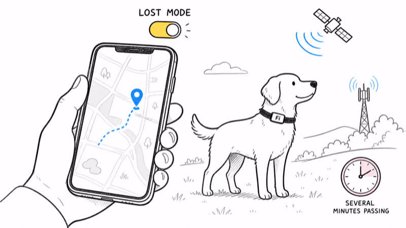 Phone showing Fi Lost Mode live tracking with a moving pin while a dog stands outdoors