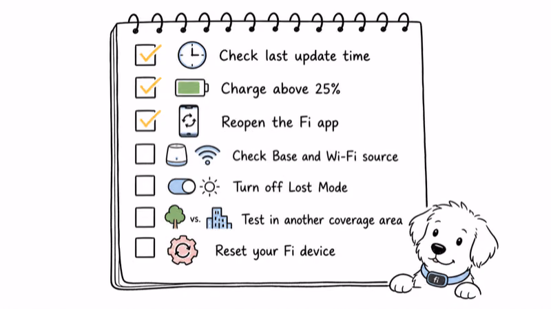 Ordered checklist of seven Fi collar location fixes from update time to device reset