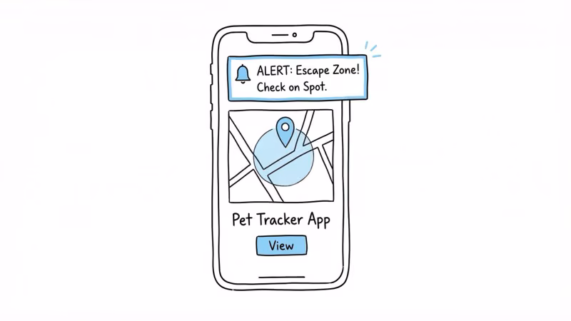 Fi app screen showing escape zone alert notification with map pin location