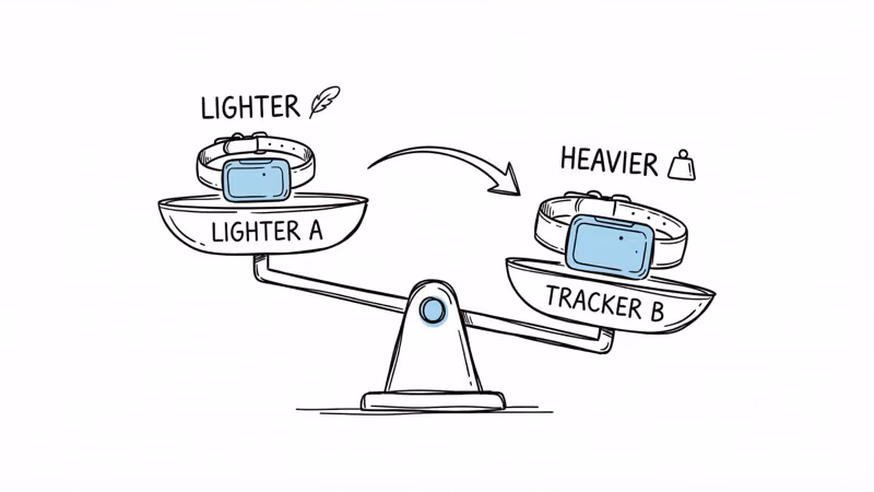 Fi Mini and Tractive DOG 6 on a scale showing 16 gram versus 35 gram weight difference