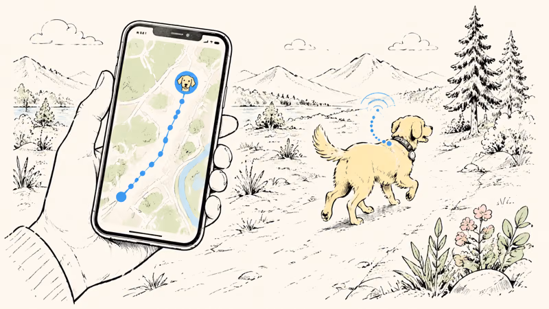 A phone showing a live GPS map trail of a dog