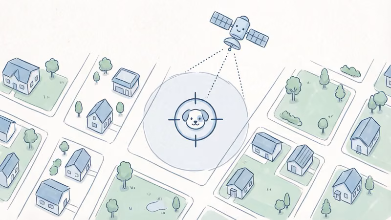Bird's-eye view illustration of GPS tracking accuracy showing a dog pinpointed by satellite signals on a neighborhood map