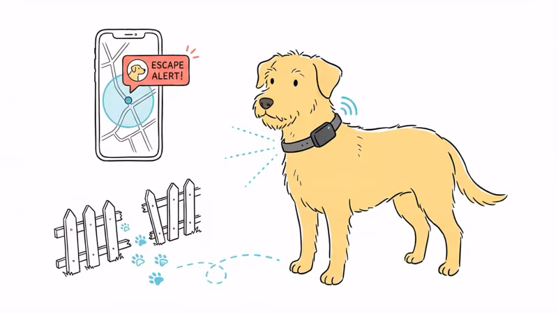 Dog wearing Fi GPS collar with escape alert showing on phone map
