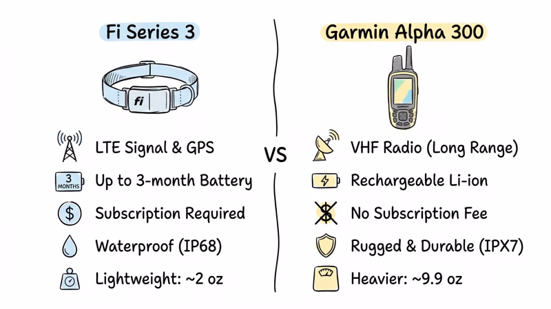 Fi Series 3 and Garmin Alpha 300 key specs compared side by side chart