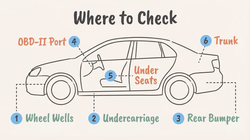 Most common AirTag hiding spots on a car including wheel wells, undercarriage, and bumper