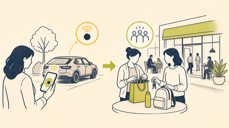 Wordless safety illustration showing an unknown tracker alert leading to a well-lit public place before a vehicle check