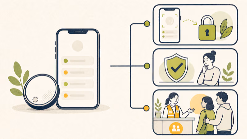 Wordless illustration showing a limited tracker information record and a separate safe-support decision before disabling