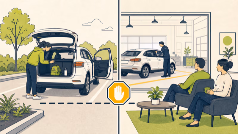 Wordless illustration showing accessible vehicle checks followed by a trusted professional inspection instead of crawling underneath