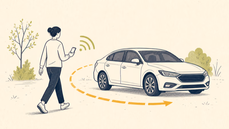 Wordless illustration of Play Sound and directional Find Nearby cues narrowing an unknown AirTag search around a vehicle