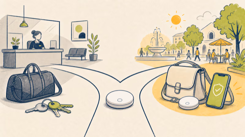 Decision illustration separating a lost-property AirTag return path from an unknown-tracker safety path