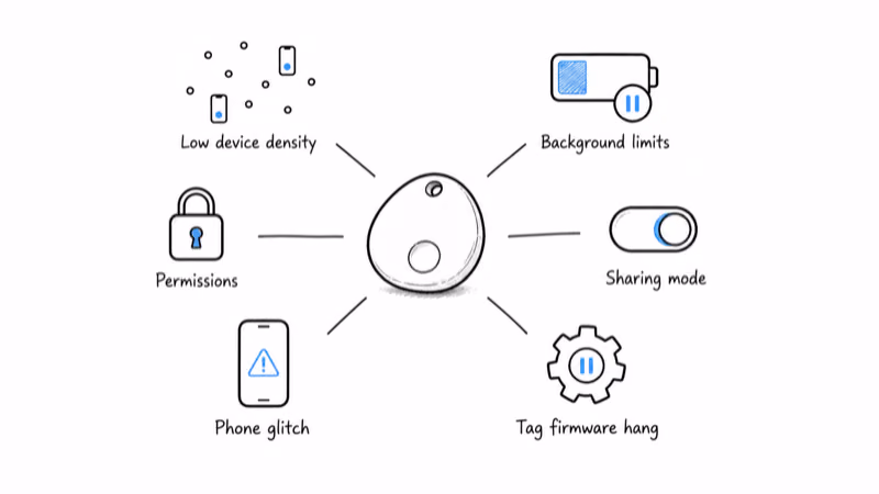 Notion hand-drawn illustration showing six Find Hub update failure causes including network density, Android background limits, permissions, sharing mode, phone glitch, and tag firmware hang