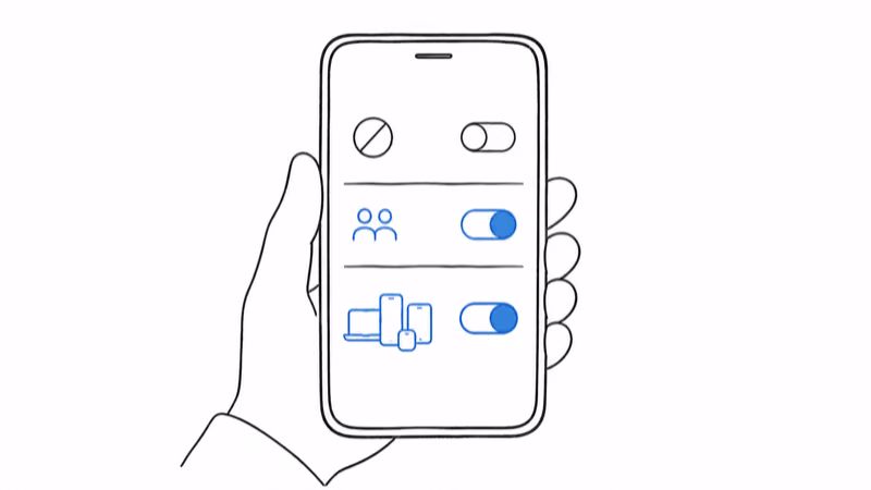Notion hand-drawn illustration showing the Find Hub sharing-mode toggle with three options None, With Others, and All Devices and explaining how each affects relay coverage