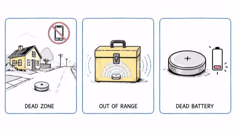 Three reasons a Find My pin won't move: a dead zone, a tracker out of Bluetooth range, and a dead battery