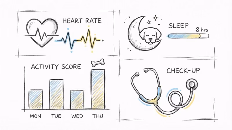 FitBark health monitoring dashboard showing heart rate, sleep quality, activity score, and veterinary data