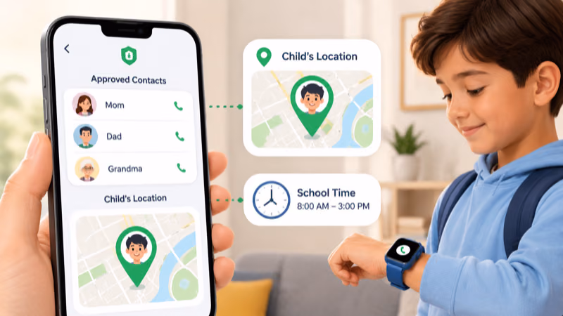 Fitbit Ace LTE parental controls showing closed-loop contacts, GPS location, and School Time mode in the Fitbit Ace app