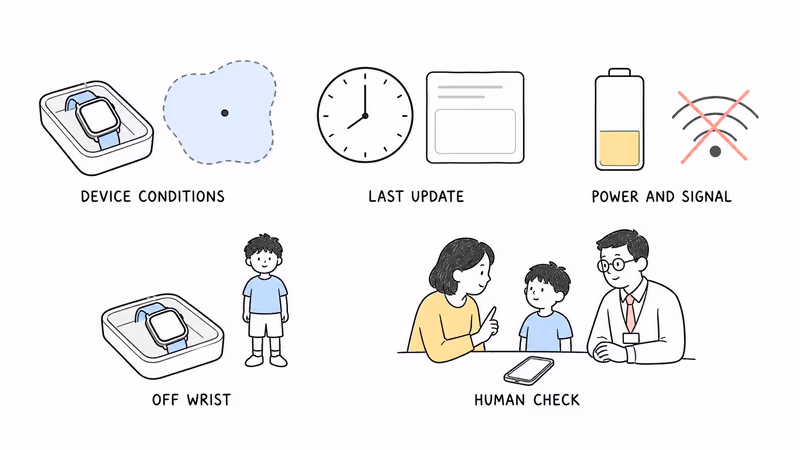 Notion-style illustration separating device conditions, last update, power and signal, off-wrist state, and a human context check