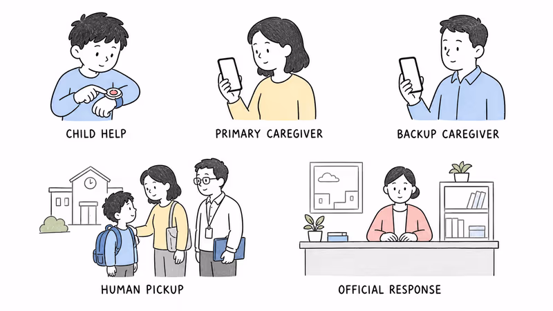 Notion-style illustration separating child help, primary and backup caregiver response, human pickup, and independent official response