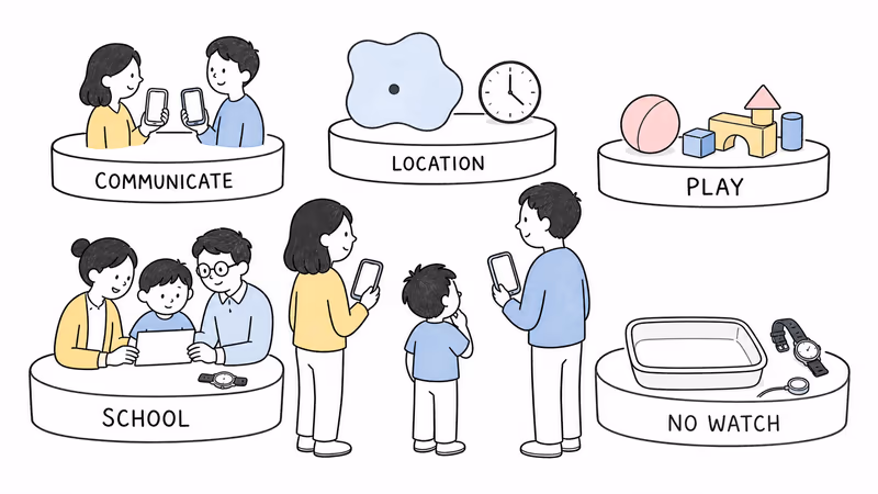 Notion-style illustration of family-job choices covering communication, conditional location, activity, school permission, and a no-watch fallback