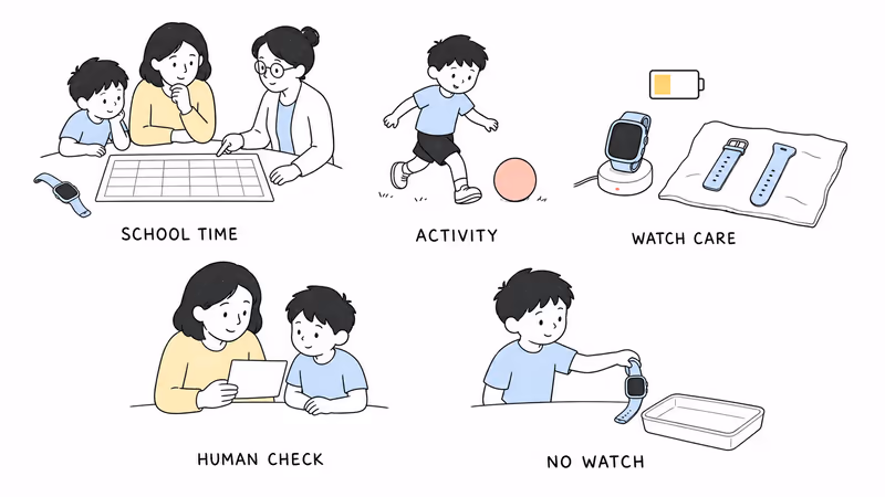 Notion-style illustration of a reversible watch routine covering School Time, activity, watch care, human checking, and a no-watch fallback