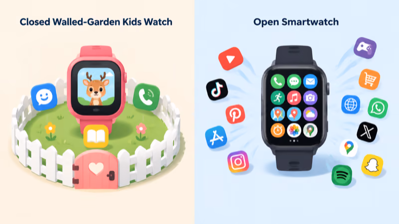 Closed kid-safe Fitbit Ace LTE versus the more open Apple Watch SE ecosystem