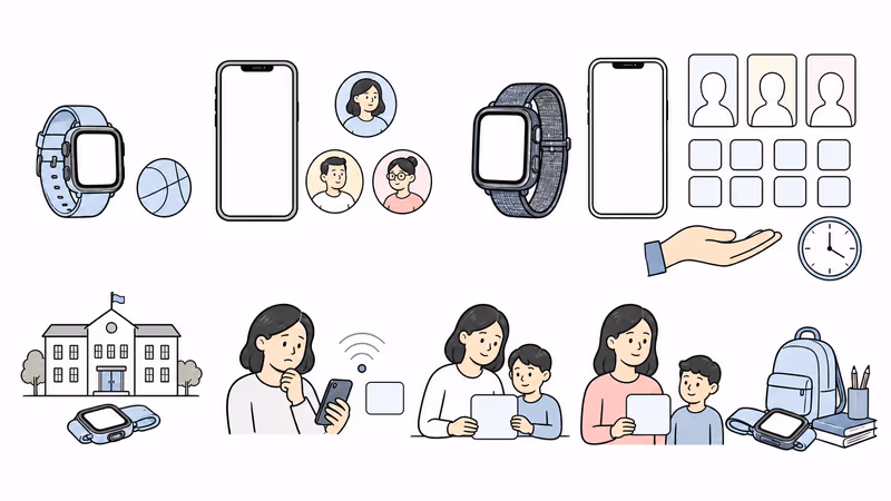 Pure-white wordless Notion-style balanced comparison of a movement-oriented watch and a broader managed family watch with contacts, app approval, time controls, activity, school, account recovery, and privacy checkpoints