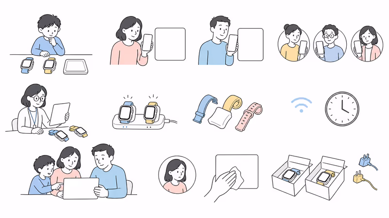 Pure-white wordless Notion-style reversible family trial for two removable watches with child participation, caregiver setup, contacts, school controls, weak signal, charging, privacy, no-watch fallback, data clearing, return, and service cancellation