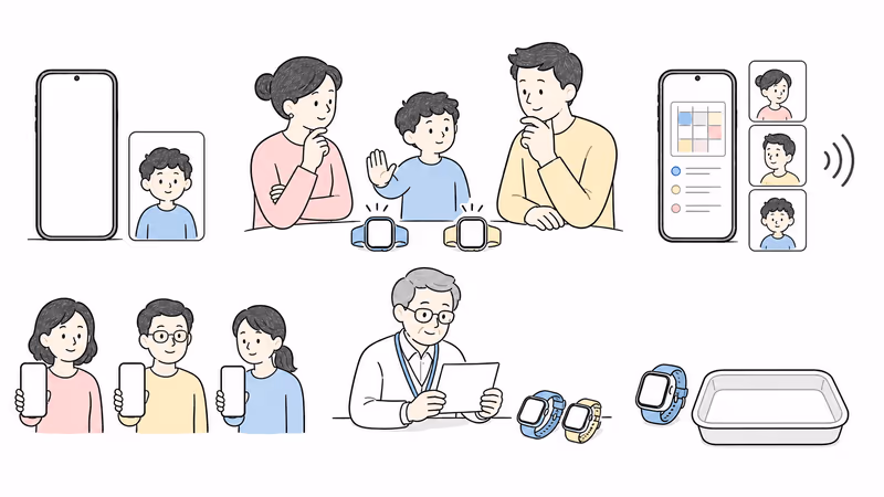 Pure-white wordless Notion-style family planning illustration defining child participation, caregiver setup, accounts, necessary contacts, school permission, charging, fallback, and stop conditions before comparing two watches