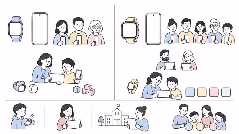 Pure-white wordless Notion-style balanced comparison of two parent-managed watch systems with compact trusted contacts, broader approved contacts, guardian device-data access, school controls, weak signal, account recovery, and privacy checkpoints
