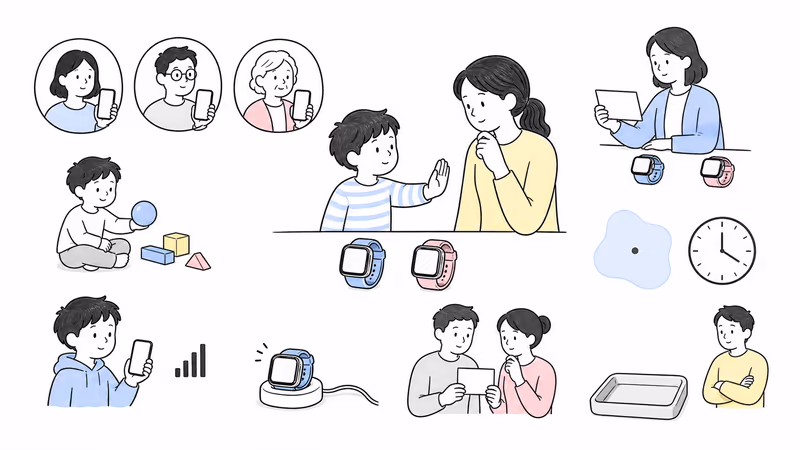Pure-white wordless Notion-style family planning illustration defining child participation, approved contacts, school permission, conditional device data, help recipient, charging, privacy, fallback, and stop conditions before comparing two watches