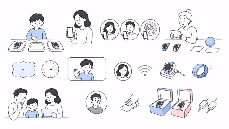 Pure-white wordless Notion-style reversible family trial for two removable watches with child participation, contacts, school controls, games, conditional device data, help recipient, weak signal, charging, privacy, no-watch fallback, data clearing, return, and service cancellation