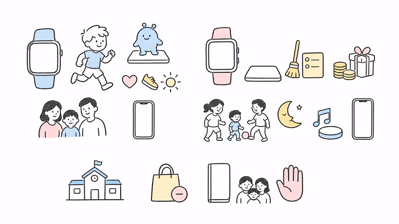 Wordless balanced comparison of movement games and a managed Google family system with Garmin Jr. games, chores, rewards, activity, family challenges, music conditions, contact controls, school settings, and privacy checkpoints