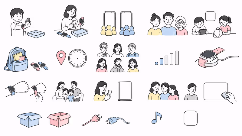 Wordless reversible family trial for two removable watches with child participation, caregiver setup, contacts, school controls, conditional location, assistance recipients, weak signal, charging, privacy, history offboarding, fallback, erase, return, and service cancellation
