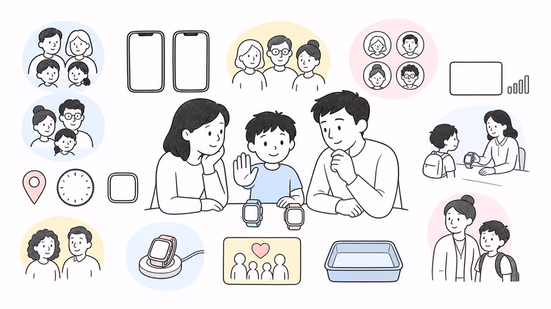 Wordless family planning illustration defining child participation, caregiver apps, accounts, necessary contacts, school permission, conditional location, assistance recipients, service, charging, privacy, fallback, and stop conditions before comparing two watches