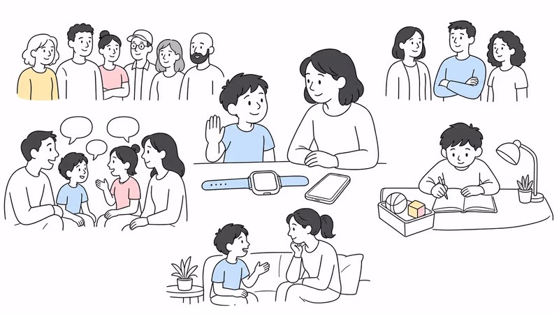 Wordless family-system illustration of approved Gabb contacts, minimum-access guardian roles, group messaging, Focus Mode, and child participation