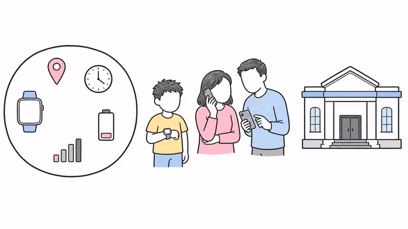 Wordless illustration separating a conditional Gabb location and Safe Zone alert from caregiver confirmation, child communication, and official emergency response