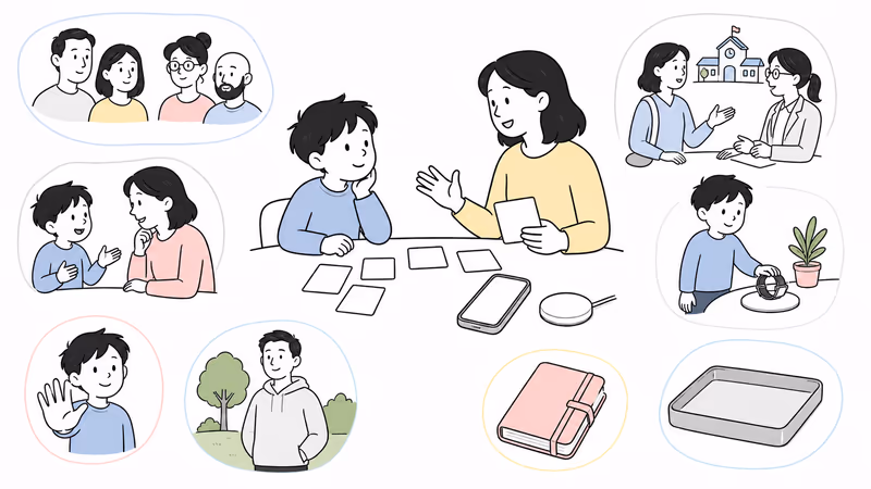 Wordless hand-drawn illustration of a family defining a transparent Gabb Watch 3e job with approved contacts, school permission, charging, privacy, and separate human fallback