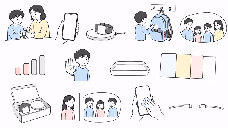 Wordless split-scene illustration of a transparent Gabb Watch 3e family trial with review checkpoints and calm offboarding that removes access, ends service, resets the watch, and deletes permitted data