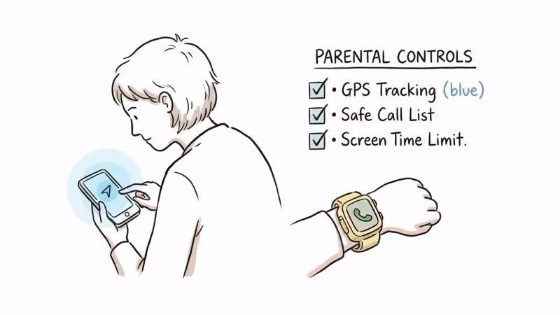 Parent checking child location on phone with kids smartwatch features