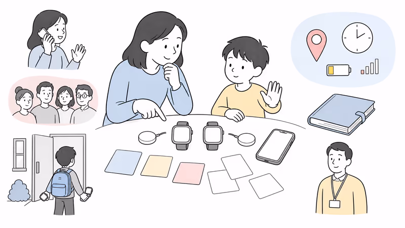 Wordless family planning illustration defining calls, approved contacts, school rules, location limits, charging, privacy, and emergency fallback before choosing a child watch