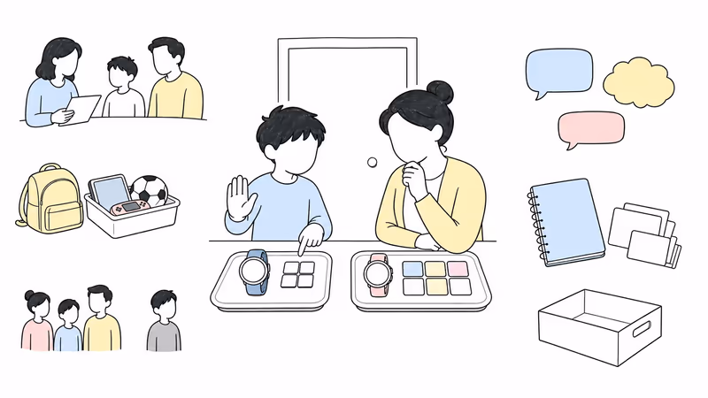Wordless school and privacy checklist comparing a fixed watch feature set with organizer-approved apps, both subject to school permission, limited viewers, and offboarding