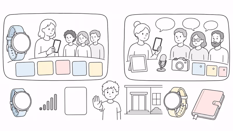 Wordless comparison of a narrower approved-contact watch and a video-capable trusted-contact watch with message types, weak signal, account recovery, and privacy checkpoints